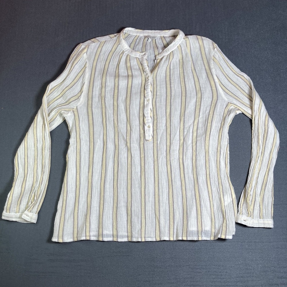 Lucky Brand Striped Gauze Top Women's XL Cotton Button Henley White Yellow